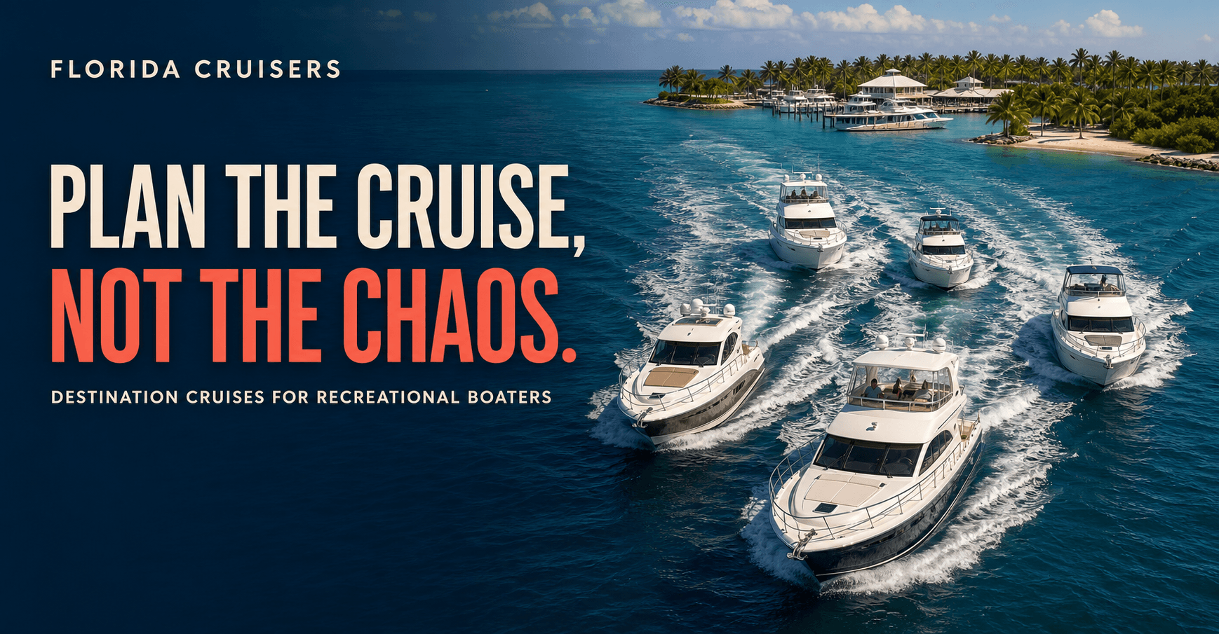A group of recreational powerboats traveling together toward a Florida destination